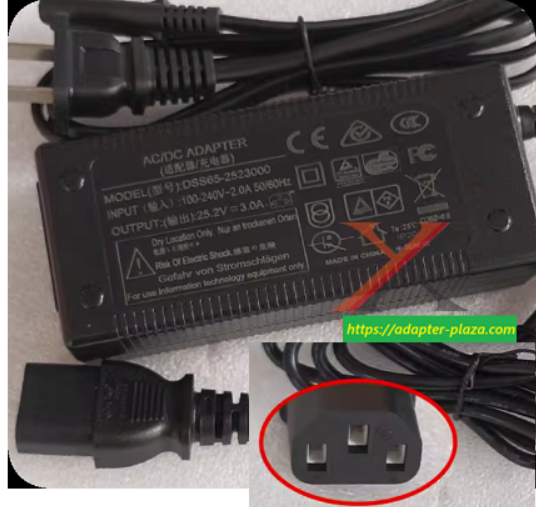 NEW DISCH 25.2V 3A Power Adapter DSS DSS65-2523000 Lithium Battery Three-Prong Charging Cable Transform